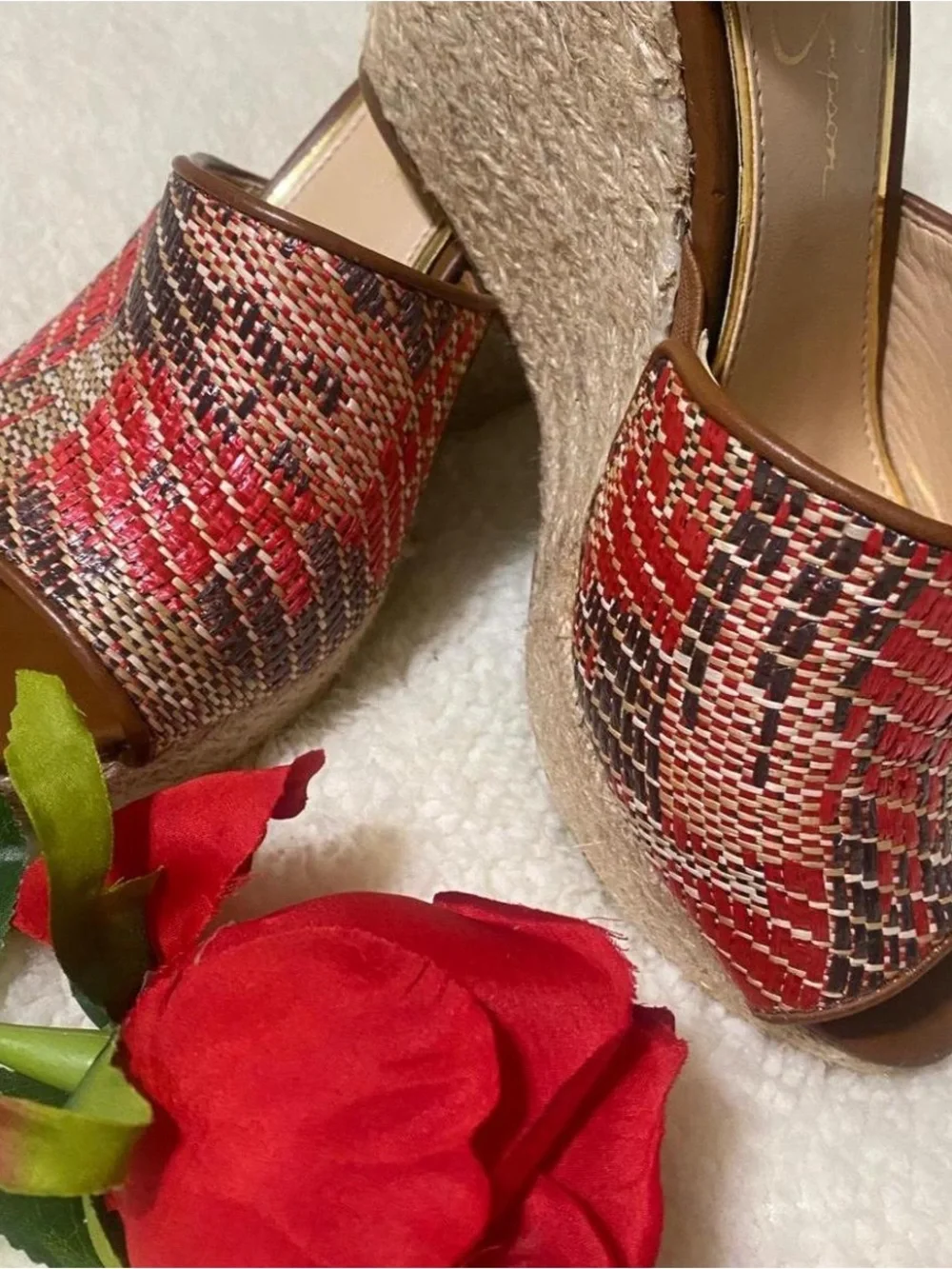 Jessica Simpson Red Multicolor Woven Espadrille Wedges